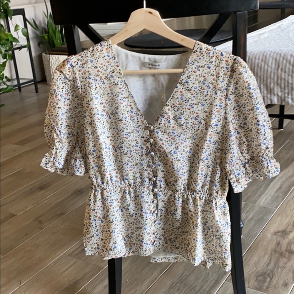 Madewell Spring Prairie Button Sleeve Silk Top NWT